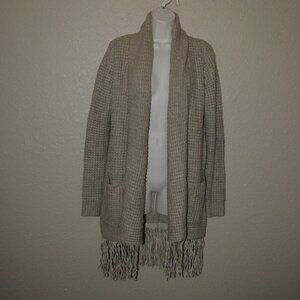 Sz XS S LINE the Label Tan Cable Knit Open Front Fringe Detail Cardigan Sweater